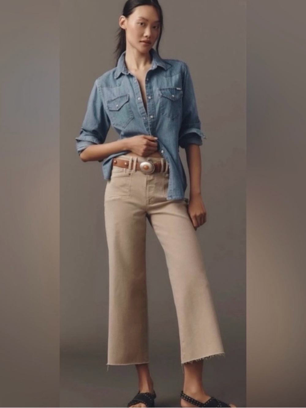 PAIGE Anessa Cropped Wide-Leg Jeans in Light Beige